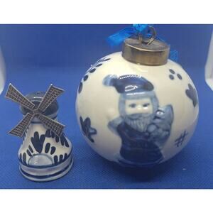 Holland Christmas Tree Delft Elf Ceramic 3” Round Ornament- With Bonus Windmill